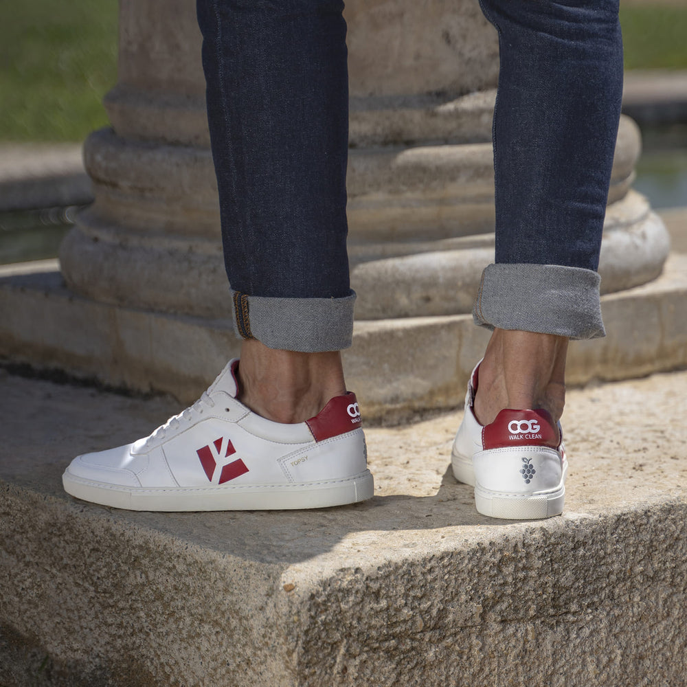 Baskets sneakers végan et écologique cuir végétal blanche rouge - Topsy Cog